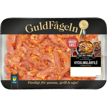 Kycklinglårfilé sweet chili strimlad och marinerad 600g Guldfågeln.