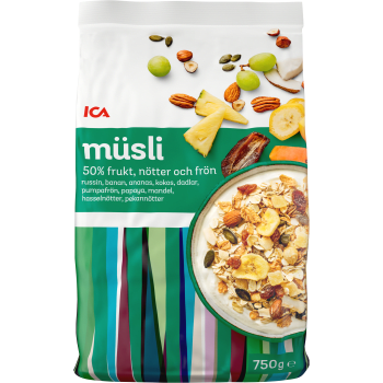 Müsli 50% Frukt & nötter 750g ICA.