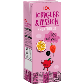Fruktdryck Jordgubb & passionsfrukt 20cl ICA.