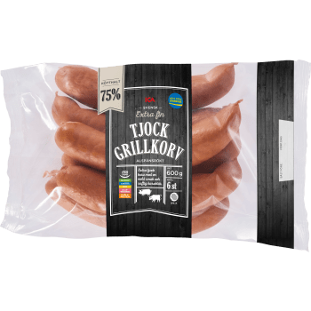 Grillkorv Tjock Extra fin 75% Kötthalt 600g ICA.