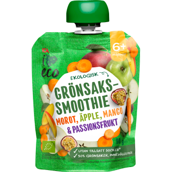 Grönsakssmoothie Morot, äpple, mango & passionsfrukt 6m 90g ICA I love eco.