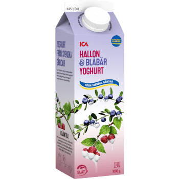 Yoghurt Hallon & blåbär slät 2,5% 1000g ICA.