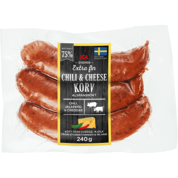 Kryddkorv Chili och Cheese Extra fin 75% Kötthalt 240g ICA.
