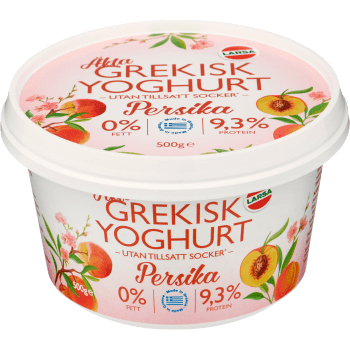 Äkta Grekisk Yoghurt Persika 0% 500g Larsa Foods.