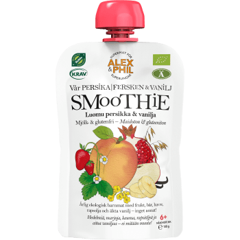 Barnmat Smoothie Persika & granatäpple Klämmis 6m 100g KRAV Alex & Phil.