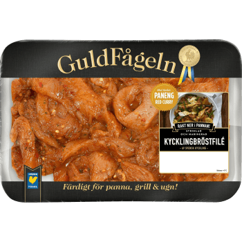 Kycklingbröstfilé strimlad paneng red curry 600g Guldfågeln.