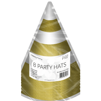 Partyhatt vit/guld 8p Happy Party.