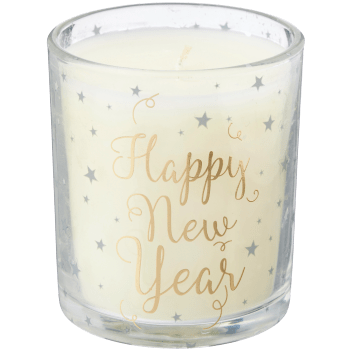 Happy New Year fylld ljuslykta.