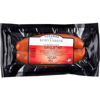 Djävulsk Hot 83% Kötthalt 240g Sorunda Korvfabrik.