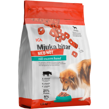 Hundmat Mjuka smakfulla bitar Oxkött 1,5kg ICA.