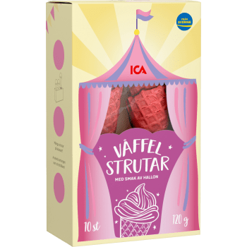 Våffelstrutar hallon 10st 120g ICA.