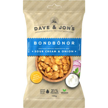 Bondbönor Rostade Sourcream & Onion 100g Dave & Jon's.