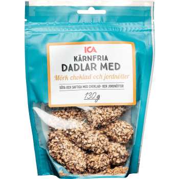 Dadlar mörk choklad jordnötter 130g Klass 1 ICA.