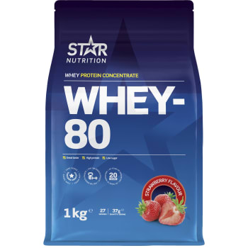 Proteinpulver Whey-80 Jordgubb 1kg Star Nutrition.