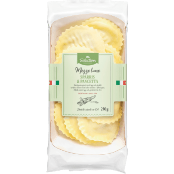 Pasta Mezze Lune Sparris och Pancetta Färsk 250g ICA Selection.