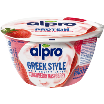 Kvarg Greek Style Jordgubb & Hallon Mjölkfri 2,7% 150g Alpro.