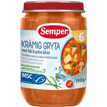 Barnmat Krämig gryta med fisk & gröna bönor 6m 190g Semper.