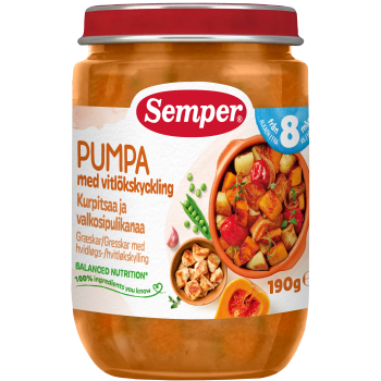 Barnmat Pumpa med vitlökskyckling 8m 190g Semper.