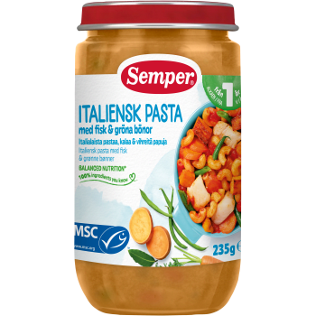Barnmat Italiensk pasta med fisk & gröna bönor 1år 235g Semper.