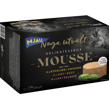 Kattmat Mousse Delikatessbox Kyckling/Nöt/Lax 12p Mjau Noga Utvalt.
