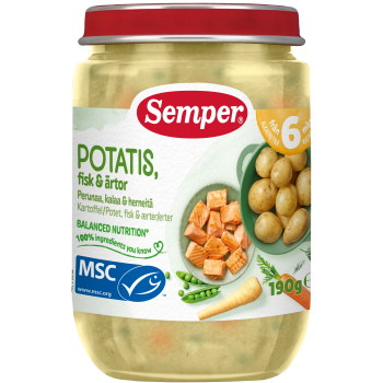 Barnmat Potatis, fisk & ärtor 6m 190g Semper.