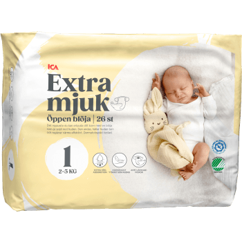 Blöjor Extra mjuk öppen blöja strl 1 2-5kg 26-p ICA.