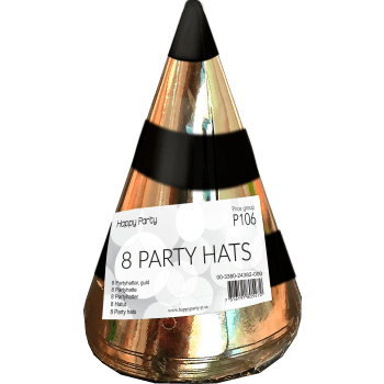 Partyhatt sv/guld 8p Happy Party.