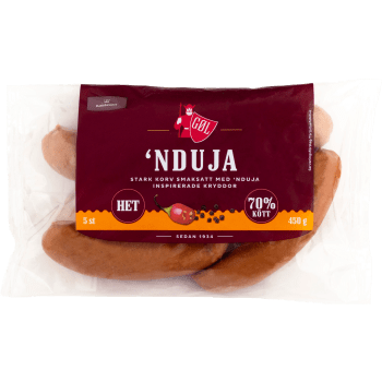 Grillkorv 'Nduja Het 70% Kötthalt 450g Göl.