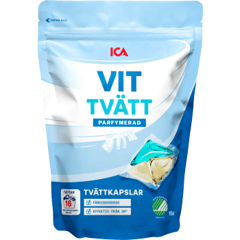 Tvättmedel Kapslar Vit 16p Miljömärkt ICA.