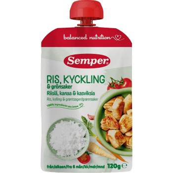 Barnmat Ris, kyckling & grönsaker 6m 120g Semper.