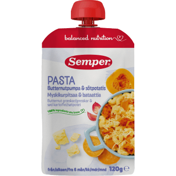 Barnmat Pasta, butternutpumpa & sötpotatis 6m 120g Semper.