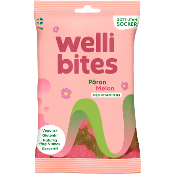Vegangodis Päron & Melon sockerfri 70g Wellibites.