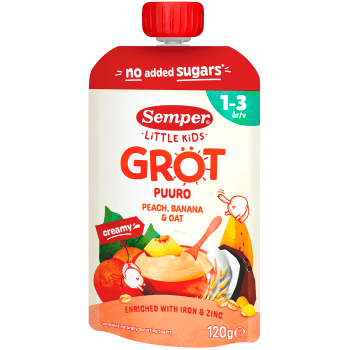 Barnmat Grötklämmis persika, banan & havre 1år 120g Semper.