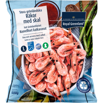 Räkor med skal 70/90 Frysta 500g Royal Greenland.
