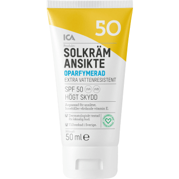 Solkräm Ansikte SPF50 Oparfymerad 50ml ICA Hjärtat.