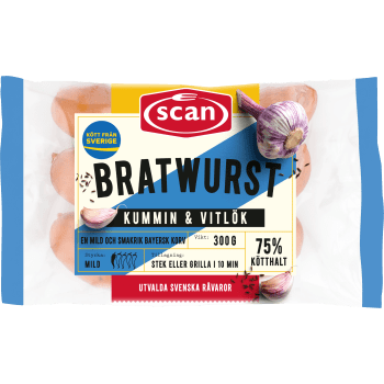 Bratwurst Kummin Vitlök 75% Kötthalt 300g Scan.