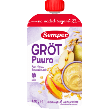 Gröt med päron, mango, banan & äpple 6m 120g Semper.