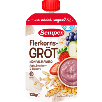 Flerkornsgröt äpple & jordgubb 8m 120g Semper.