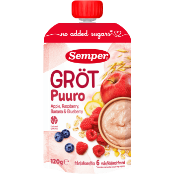 Gröt äpple, hallon, banan & blåbär 6m 120g Semper.