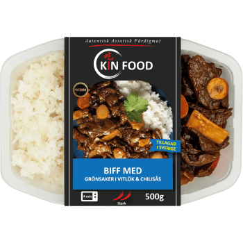 Färdigmat Thai Ryggbiff med Grönsaker i Vitlök och Chilisås 500g Kin Food.