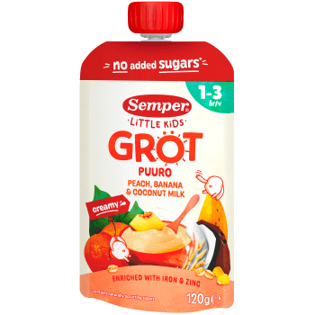 Barnmat Grötklämmis persika, banan & havre 1år 120g Semper.