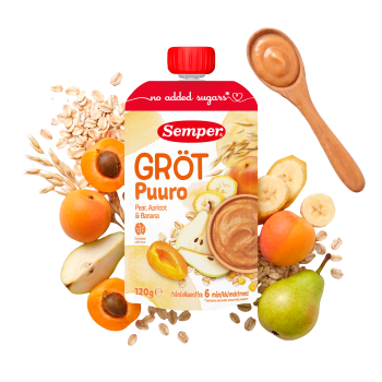 Gröt med päron, aprikos & banan 6m 120g Semper.