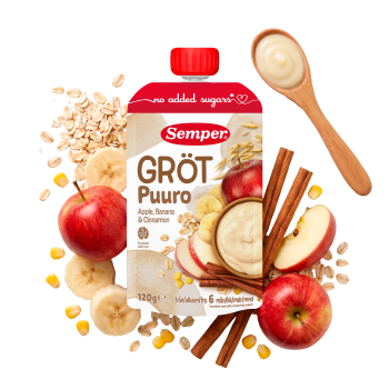 Gröt med äpple, banan & kanel 6m 120g Semper.