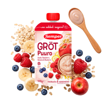 Gröt äpple, hallon, banan & blåbär 6m 120g Semper.