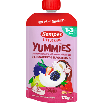 Yummies strawberry/blackberry klämmis 1år 120g Semper.