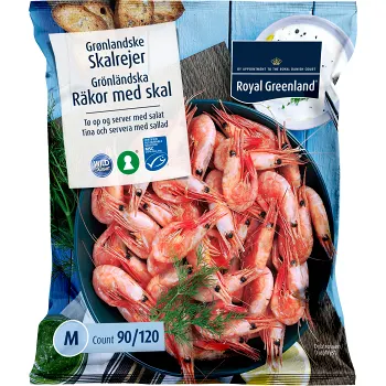 Räkor med skal 90/120 st/kg Fryst 500g Royal Greenland.