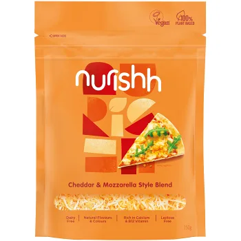 Cheddar mozzarella riven vegansk 150g Nurishh.