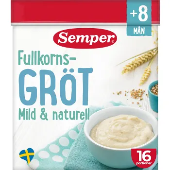 Fullkornsgröt Mild &amp; naturell Från 8 mån 16 port 480g Semper.