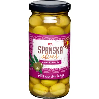 Fyllda Oliver Gröna med Vitlök 240g ICA.