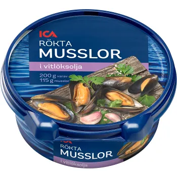 Rökta musslor i vitlök 200g ICA.